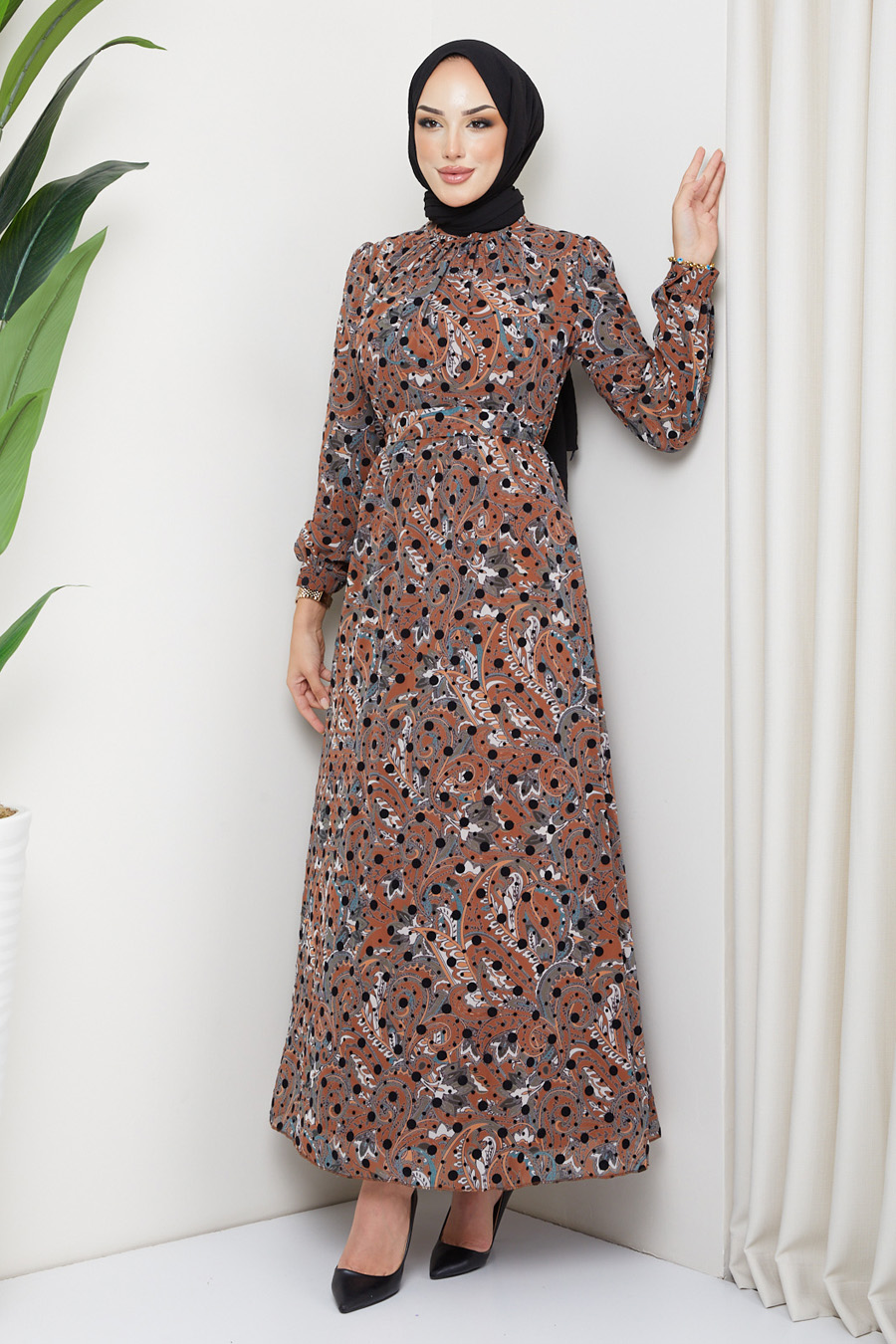 BRICK COLOR PATTERNED DRESS 